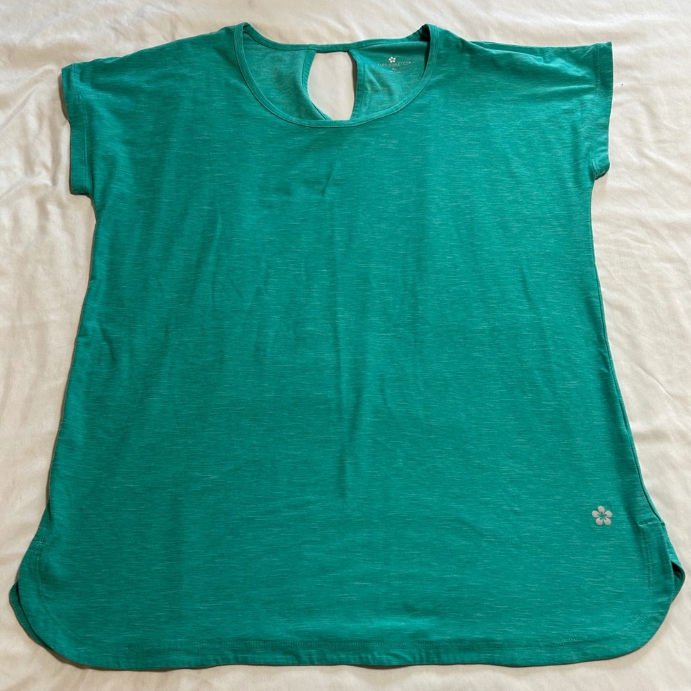 Tuff Athletics Women XL Teal Green Heather Short Sleeve Keyhole Activewear Top